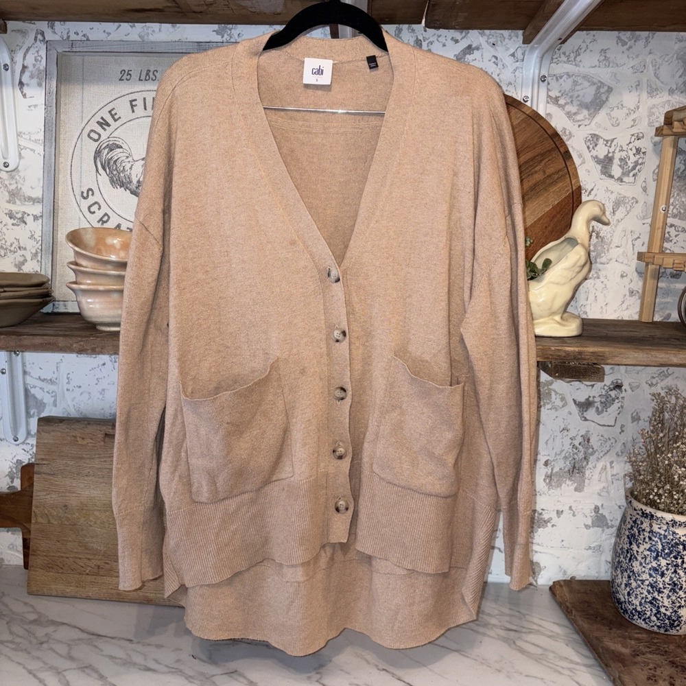 Woman's S Long Tan Grannycore Button Cardigan 100% Cotton Basic Layering Shirt